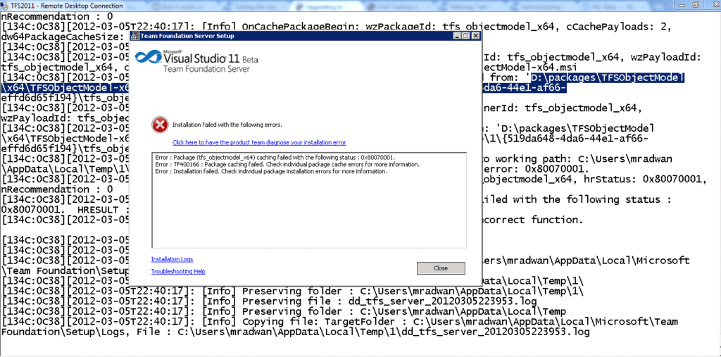 TFS 11 Beta error in upgrade